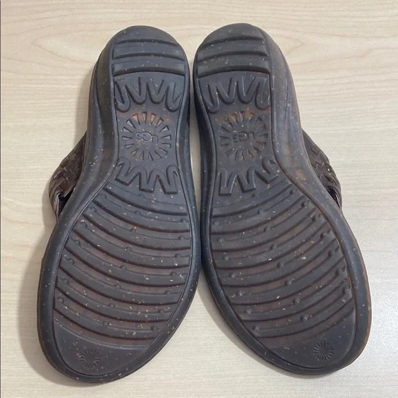 UGG Keala Brown Leather Slide on Sandals with Woven Design - Picture 7 of 10